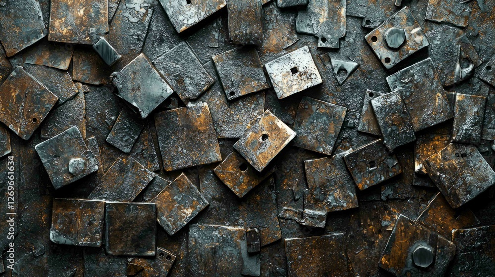 Poster creative composition of dented metal objects on a textured surface