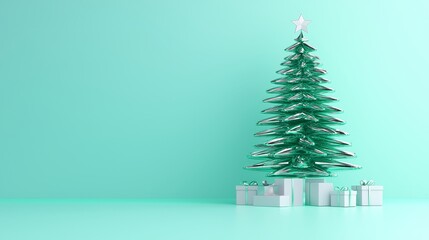 Festive christmas tree with gifts minimalist setting 3d render calm blue environment modern conceptual art