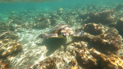 Sea Turtle Swimming Underwater Through Rocky Reef