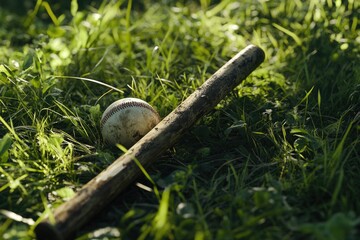 Obraz premium Baseball and Bat Laying in Grass