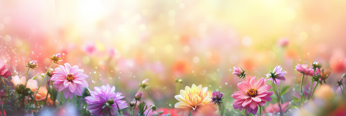 Colorful Dahlia blooms with rain drops