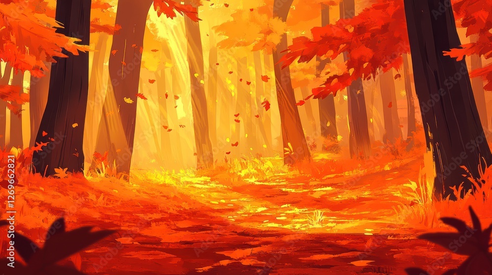 Poster golden light filters through an autumn forest with falling leaves