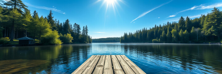 Serene lake view with rustic dock under bright sun, summer tranquility