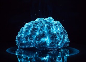 Glowing Azure Brain on Dark Platform with Energy Burst