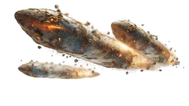 Fiery Asteroid Collision Dramatic 3D Render, Cosmic Explosion for Space Art, isolated on transparent background.
