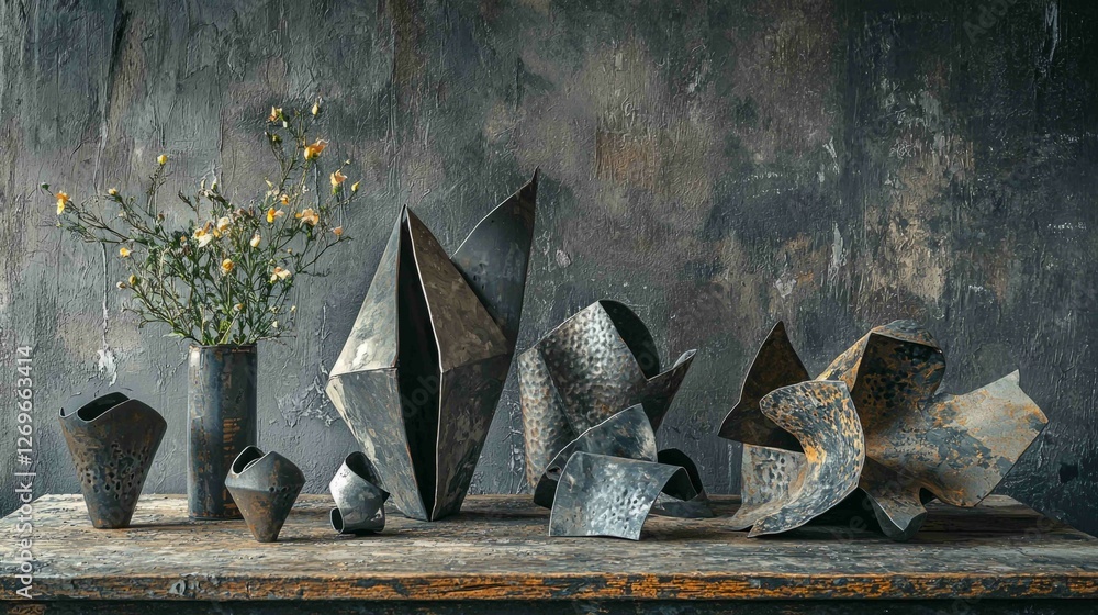 Poster dented metal objects in still life with flowers on rustic table
