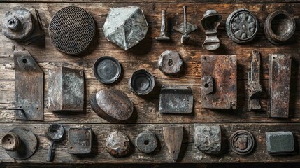 Creative Still Life of Dented Metal Objects on Rustic Wooden Surface