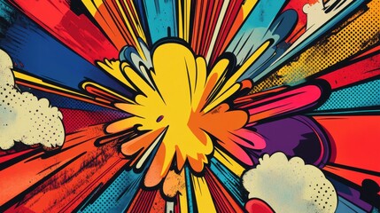 Vibrant Comic-Style Explosion Poster Design, Digital Art, Pop Art Techniques, Bold Typography, Colorful Environment