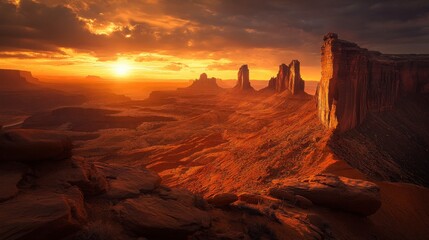 Fototapeta premium A dramatic sunset at the Three Sisters, with the warm glow of the setting sun illuminating the sandstone peaks and the vast wilderness surrounding them