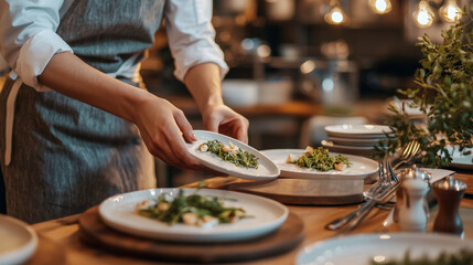 Hands carefully placing plates and utensils on a table, cool lighting atmosphere.