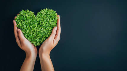 Hands gently holding heart shape made of green leaves, symbolizing love for nature and sustainability