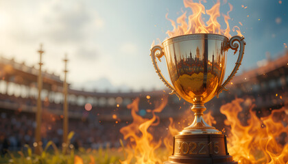 Golden Trophy with Fiery Effects in Stadium – Sports Victory Celebration Concept
