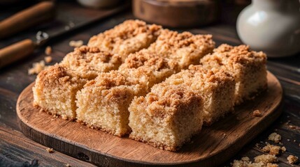 Thick Buttery Cake with Crumb Topping on Wooden Board