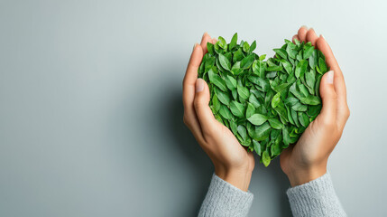 Hands gently holding heart shape made of green leaves, symbolizing love for nature and sustainability