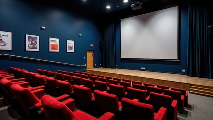 Career fair, Auditorium with career posters empty chairs a stage and a screen for presentations clear and detailed.