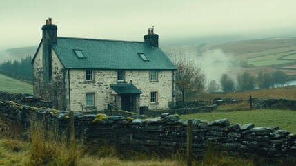 Fototapeta premium Stone Cottage on Foggy Hillside Landscape