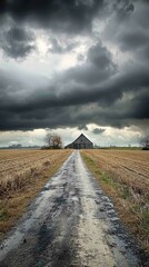 Desolate Rural Road Surrounded by Fields Under Stormy Skies