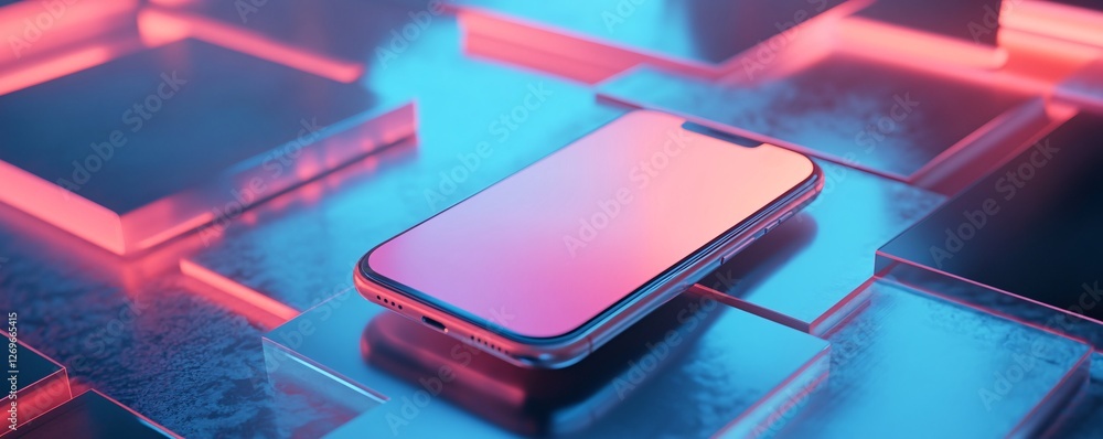 Poster Modern smartphone on reflective surface with neon lighting showing blank screen