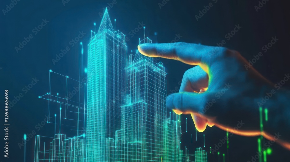 Poster hand interacts with futuristic glowing city model interface display