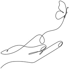Butterfly sitting on human hand continuous line art drawing. One line butterfly insect. Vector isolated on white.