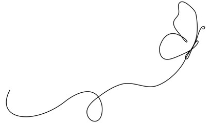 Butterfly flying continuous line art drawing. Cute butterfly insect with curve line. Vector illustration isolated on white.