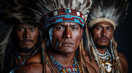 Fototapeta premium Native American men in feathered headdresses and traditional jewelry against artistic backdrop