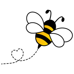 Cute bee flying on dotted route. Busy insect path with heart shape. Vector illustration isolated on white.