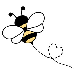 Cute bee flying on dotted route. Busy insect path with heart shape. Vector illustration isolated on white.