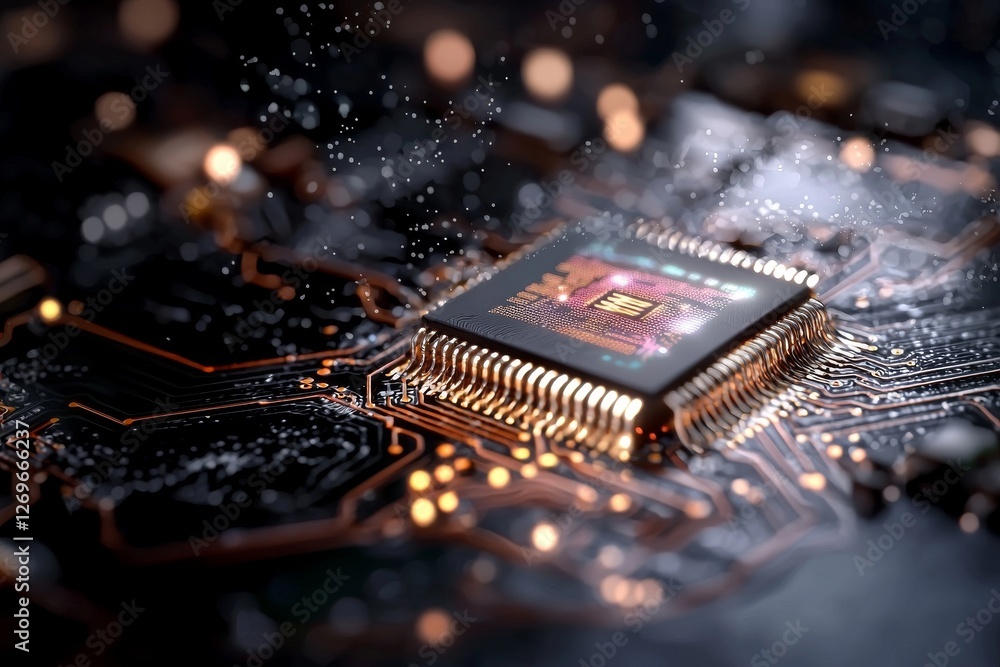 Poster a technological background featuring a circuit board with a central computer processor cpu concept, 