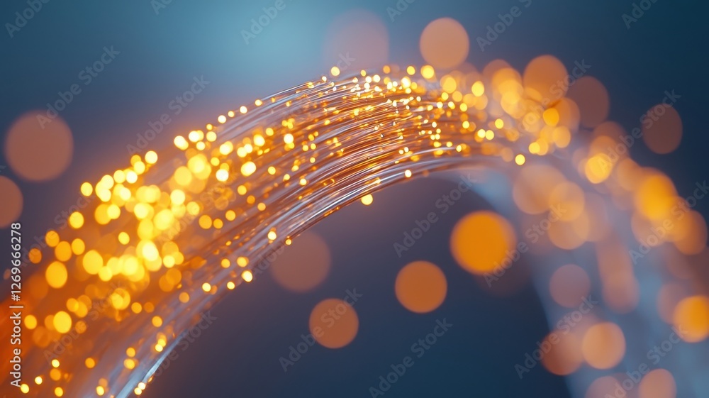 Poster fiber optic cable. abstract glowing lines with orange particles against a blue background, creating 