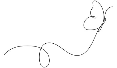 Butterfly flying continuous line art drawing. Cute butterfly insect with curve line. Vector illustration isolated on white.