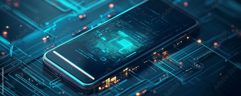 Aufkleber smartphone displaying hologram over circuit board