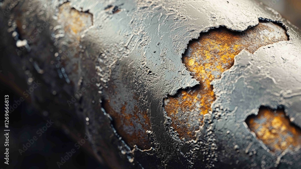 Poster close-up view of dented and rusty air pipe surface texture