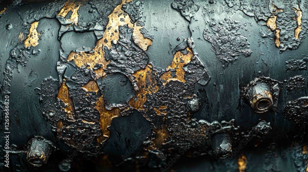 Poster close-up view of dented air pipe surface with texture and color variation