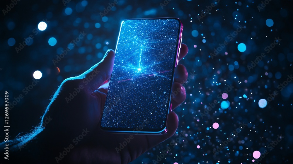 Poster Hand holding smartphone showing futuristic data network connection