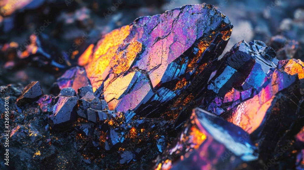 Poster close-up of fragmented meteorite with colorful iridescence detail
