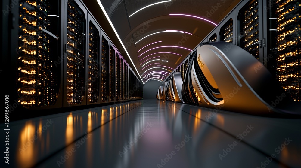 Poster the dark data center features multiple rows of server racks in full operation, symbolizing modern te