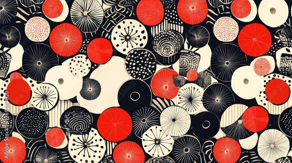 Poster abstract circular pattern with red accents in a retro style design