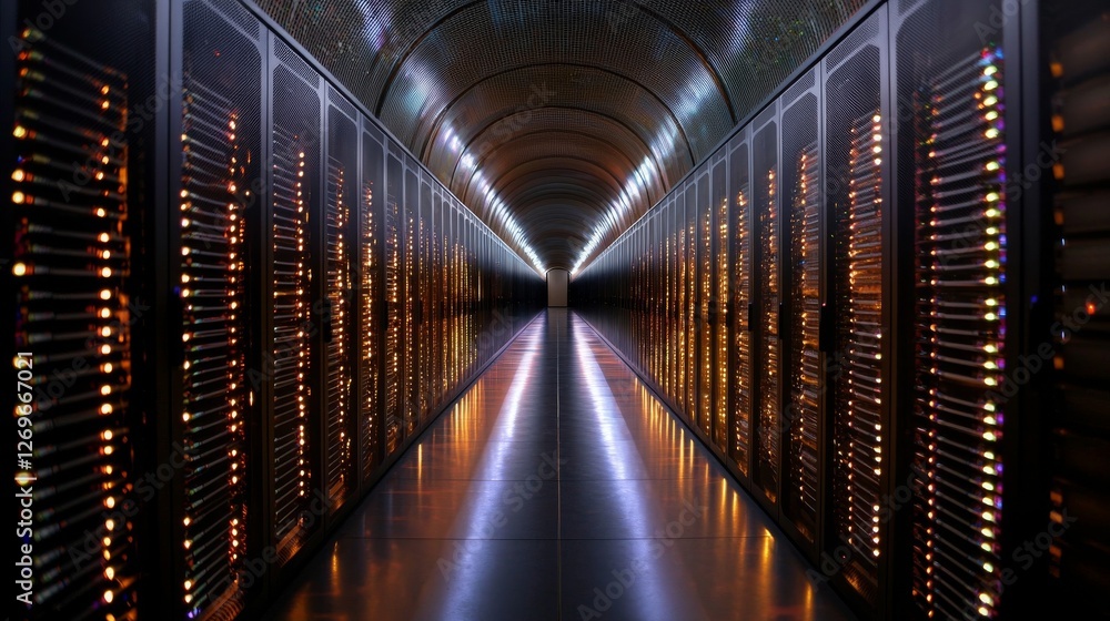 Poster a modern telecommunications facility is showcased with rows of fully operational server racks illumi