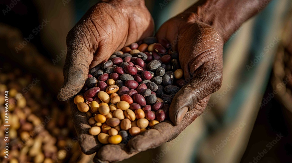 Poster close-up of handful of assorted beans showcasing their unique colors