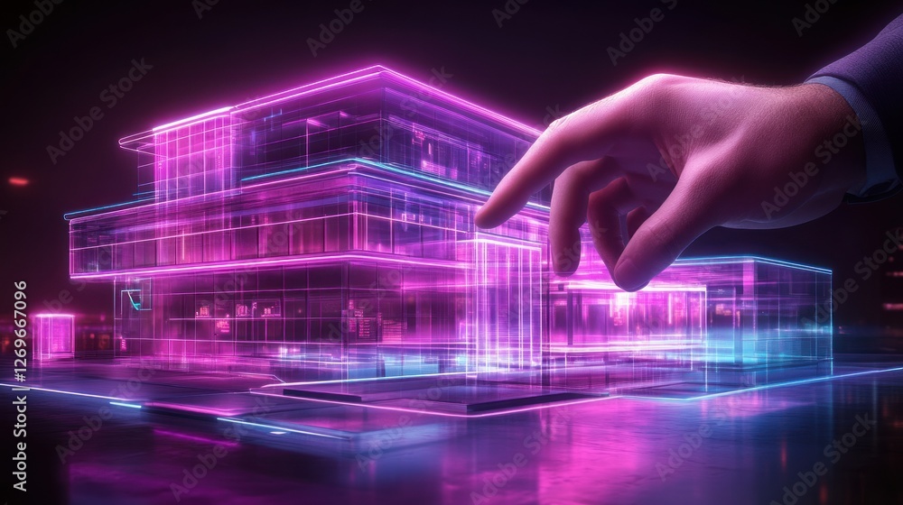 Poster hand interacting with futuristic building hologram in vibrant colors