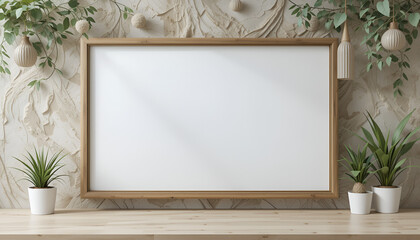 empty room with a picture frame.  frame on the wall with a green plant