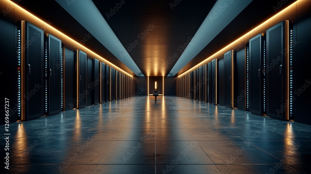 Poster fully operational server racks line multiple rows in a dark data center, epitomizing modern telecomm