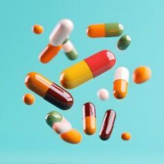 Floating colorful capsules in mid-air pharmaceutical visualization studio setting bright background close-up perspective healthy lifestyle concept