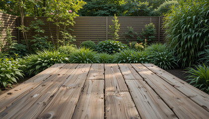 Wooden Deck with Green Backdrop Rustic Garden Floor Texture Natural Wooden Surface Outdoors, Outdoor Deck with Foliage, Minimal Garden Deck Scene, Weathered Wood Floor in Garden