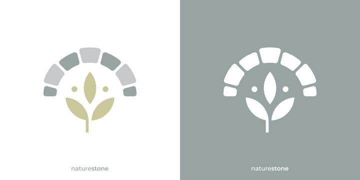 Creative Stone Brick Nature Logo. Brick Keystone and Tree Leaf Graphic Icon. 