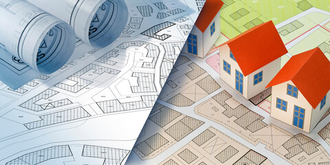 REAL ESTATE AND CONSTRUCTION INDUSTRY CONCEPT WITH BUILDING PERMIT residential area, cadastral map,...