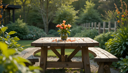Wooden Deck with Green Backdrop Rustic Garden Floor Texture Natural Wooden Surface Outdoors, Outdoor Deck with Foliage, Minimal Garden Deck Scene, Weathered Wood Floor in Garden