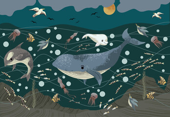 Underwater life mural for kids with sea animals. Vector. © Yumeee