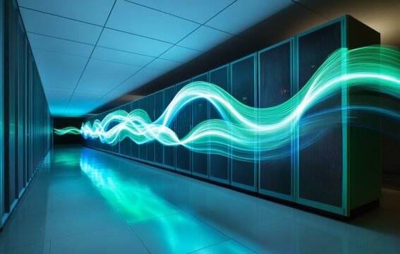 Server Room Corridor with Light Trails